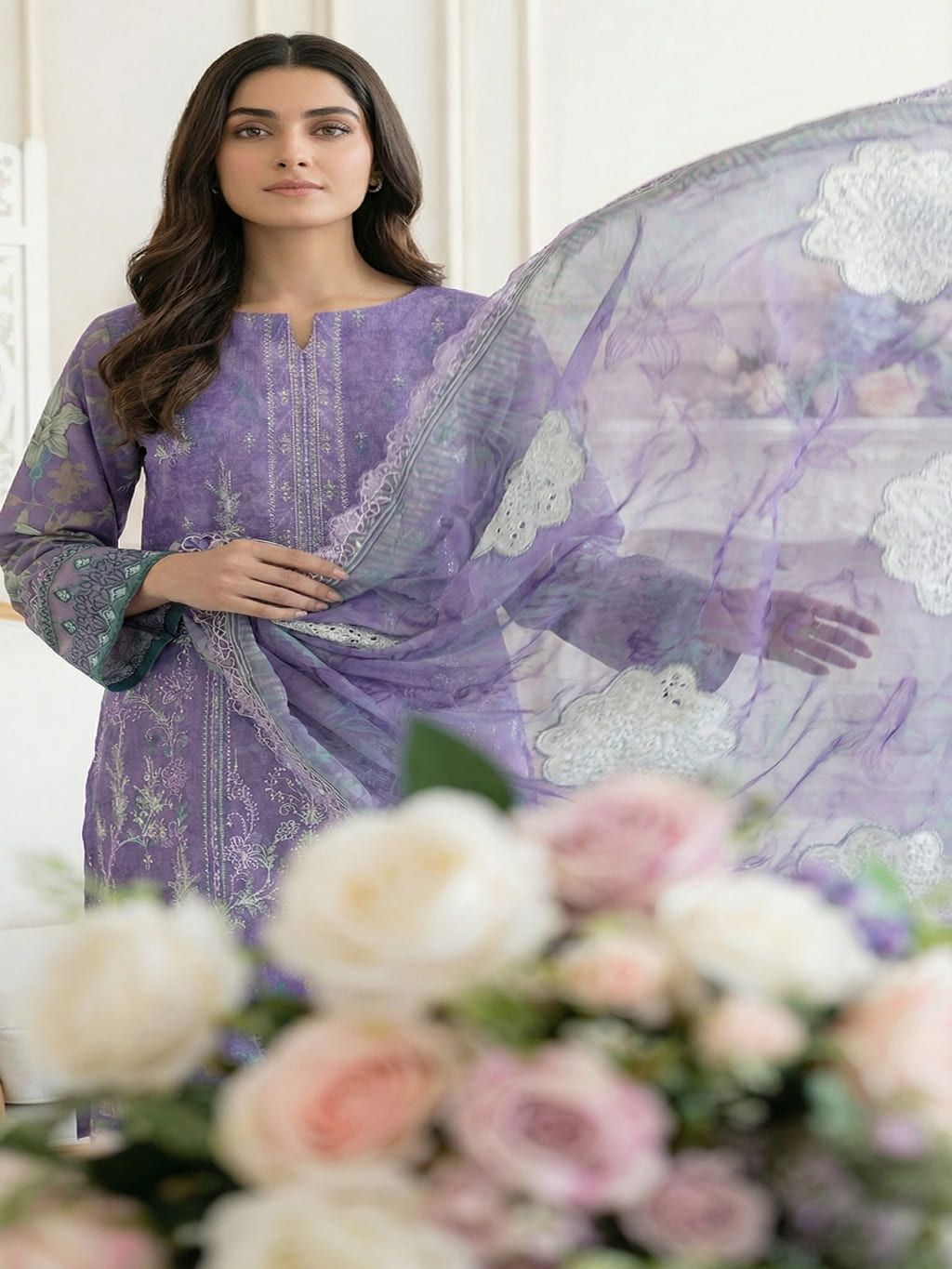 Unstitched Embroided Digital Print Lawn 3 Piece
