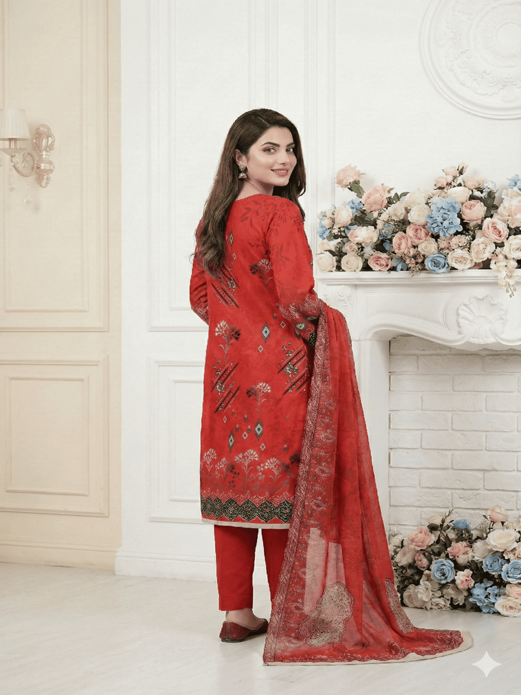 Unstitched Embroided Digital Print Lawn 3 Piece