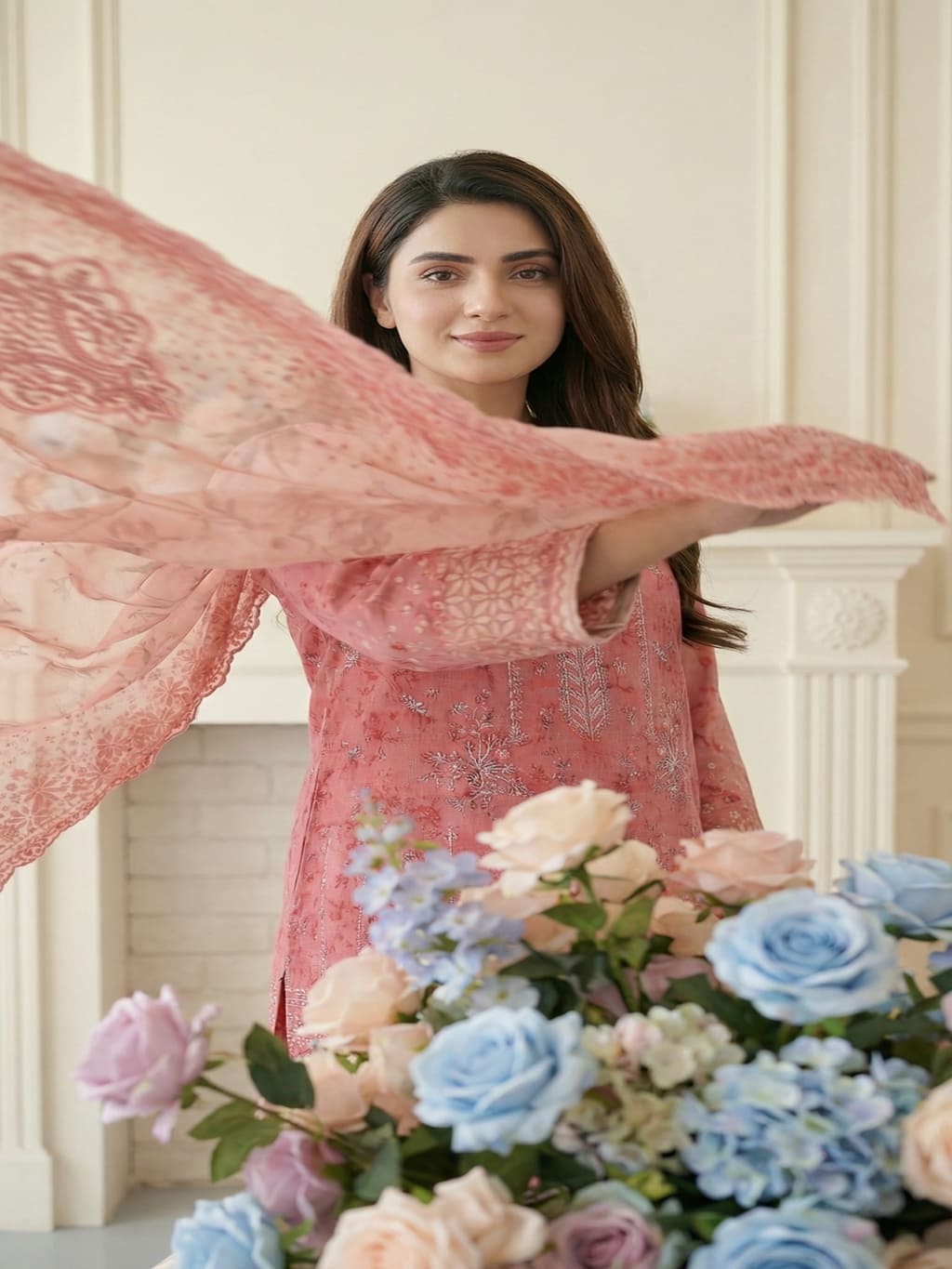 Unstitched Embroided Digital Print Lawn 3 Piece