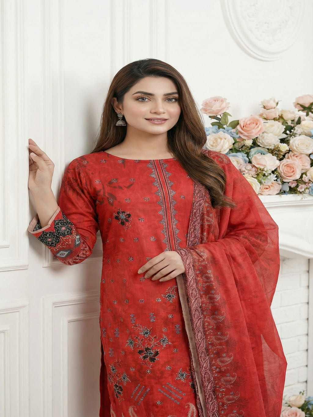 Unstitched Embroided Digital Print Lawn 3 Piece