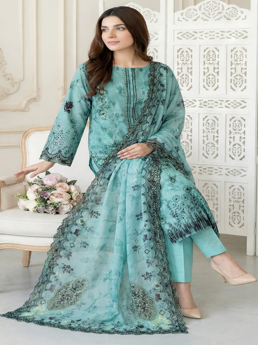 Unstitched Embroided Digital Print Lawn 3 Piece