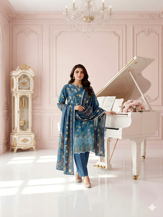 Unstitched Embroided Lawn print 3 piece