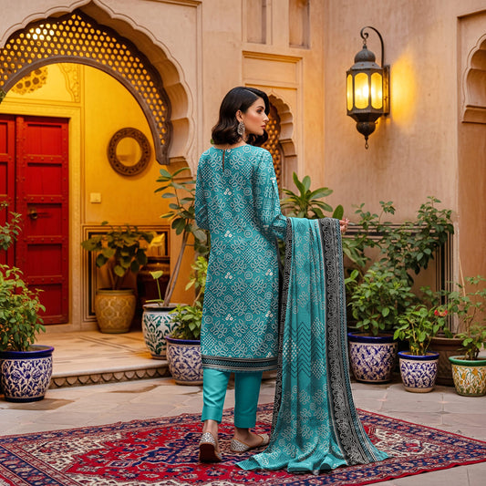 Unstitched  Printed Karandi with Embroidered  3 Piece