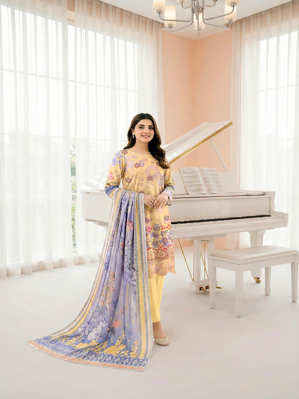 Unstitched Embroided Lawn Print 3 Piece
