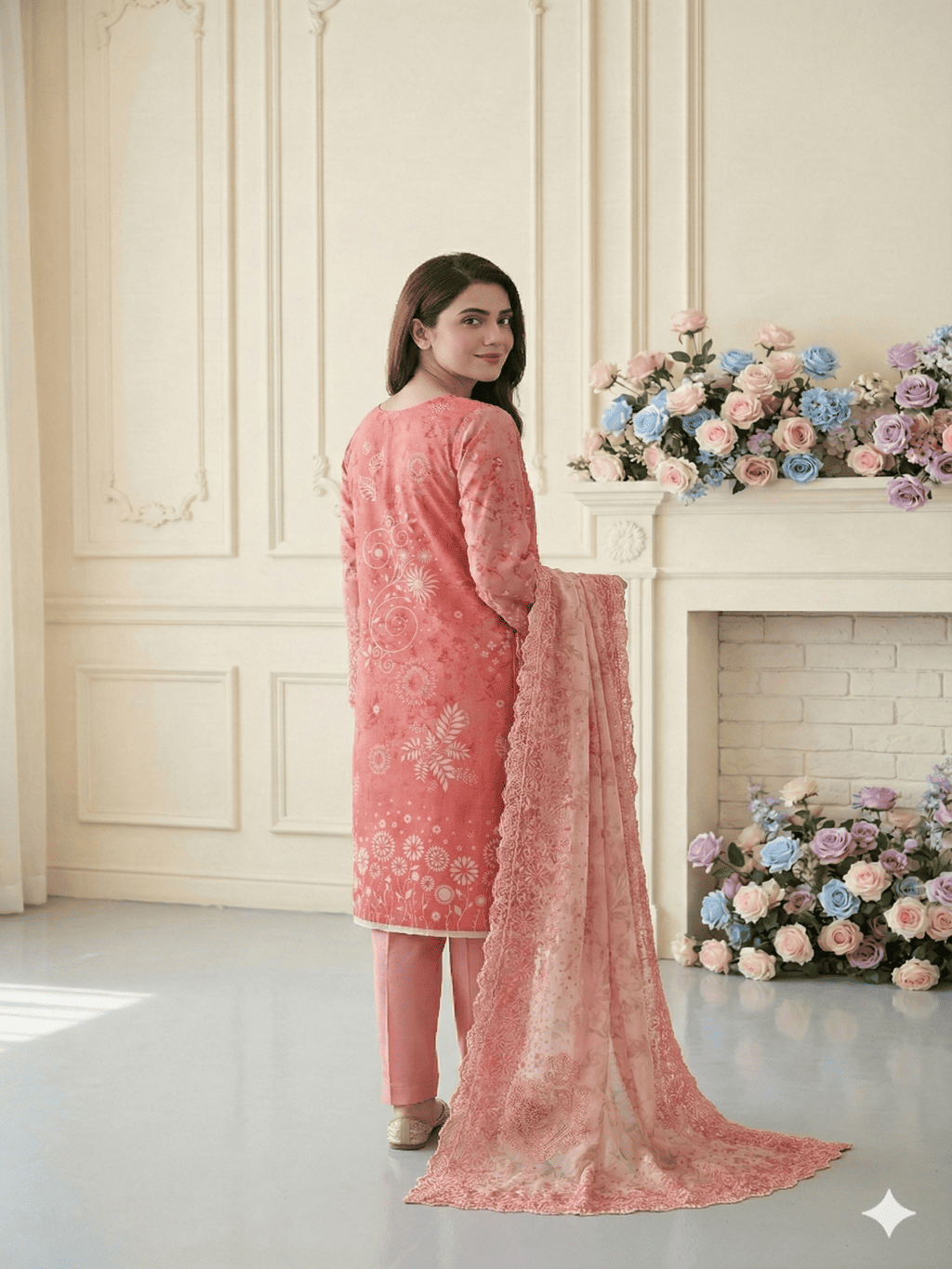 Unstitched Embroided Digital Print Lawn 3 Piece