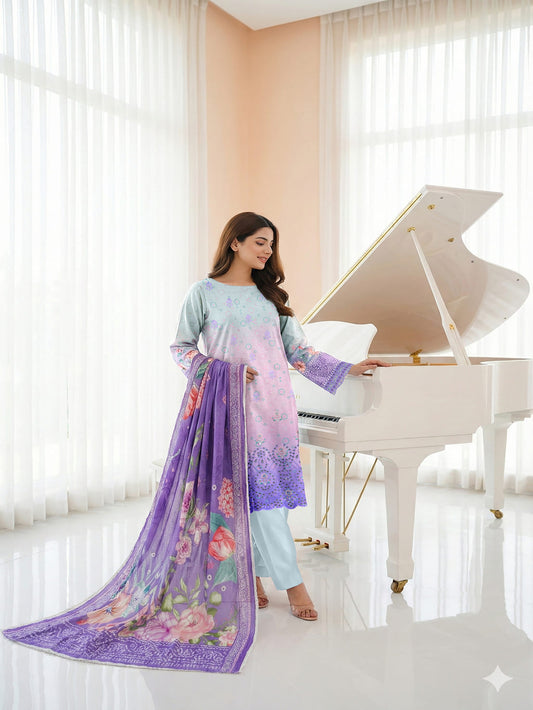 Unstitched Embroided Lawn Print 3 Piece
