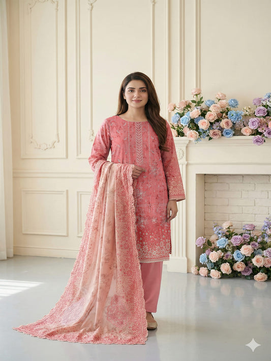 Unstitched Embroided Digital Print Lawn 3 Piece