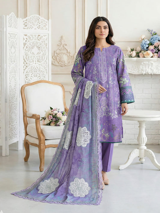 Unstitched Embroided Digital Print Lawn 3 Piece