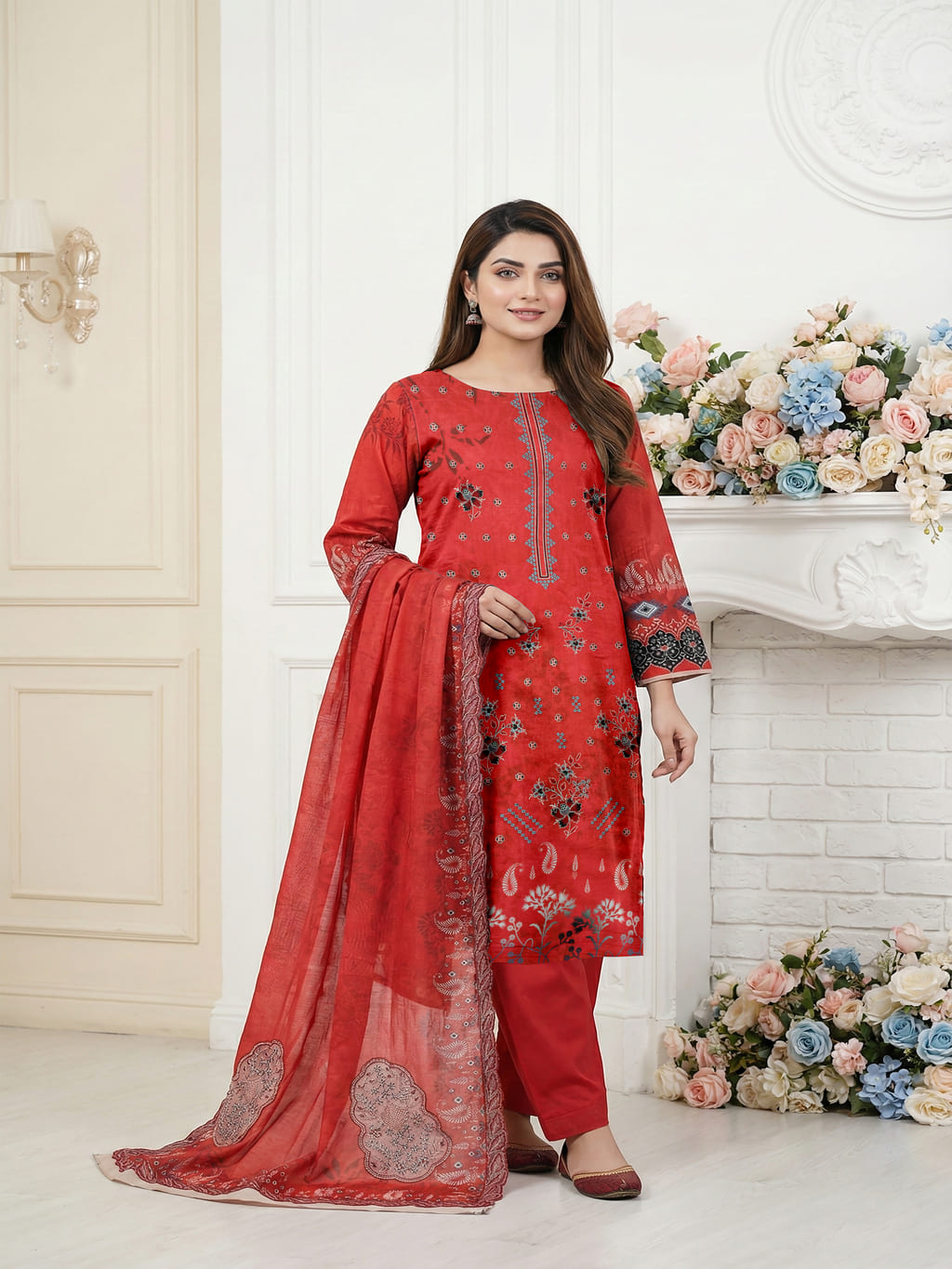 Unstitched Embroided Digital Print Lawn 3 Piece
