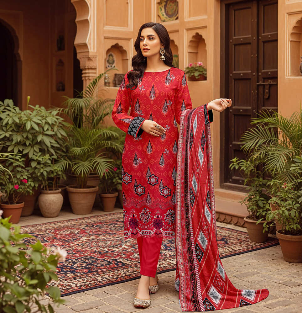Unstitched Printed Karandi 3 Piece