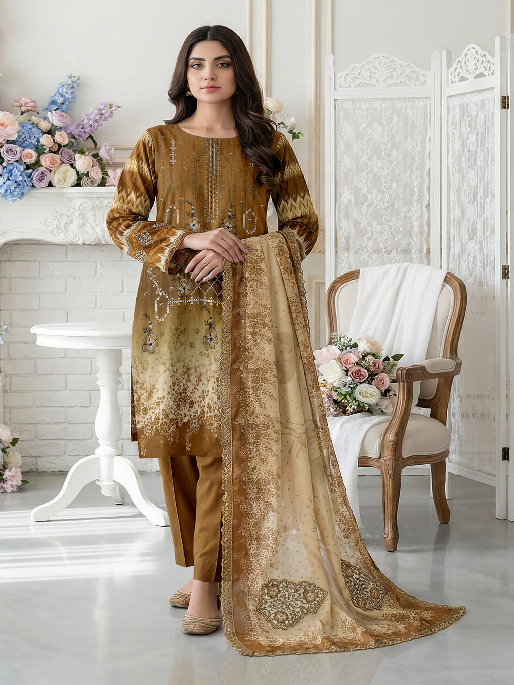 Unstitched Embroided Digital Print Lawn 3 Piece