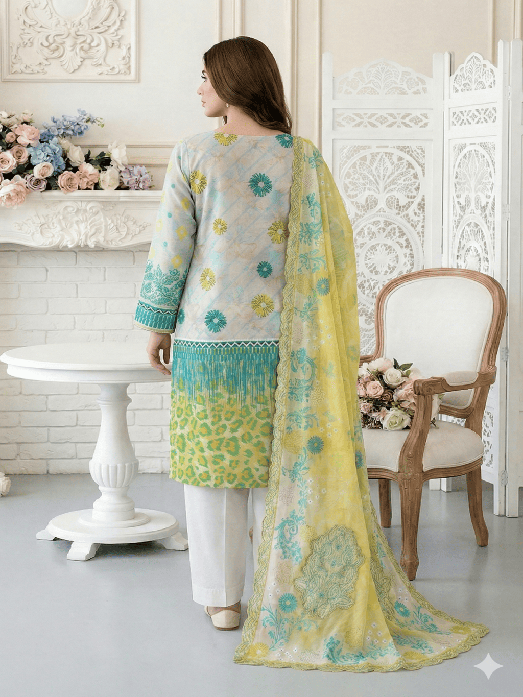 Unstitched Embroided Digital Print Lawn 3 Piece