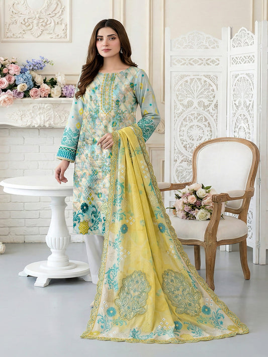 Unstitched Embroided Digital Print Lawn 3 Piece