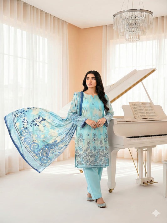 Unstitched Embroided Lawn Print 3 Piece