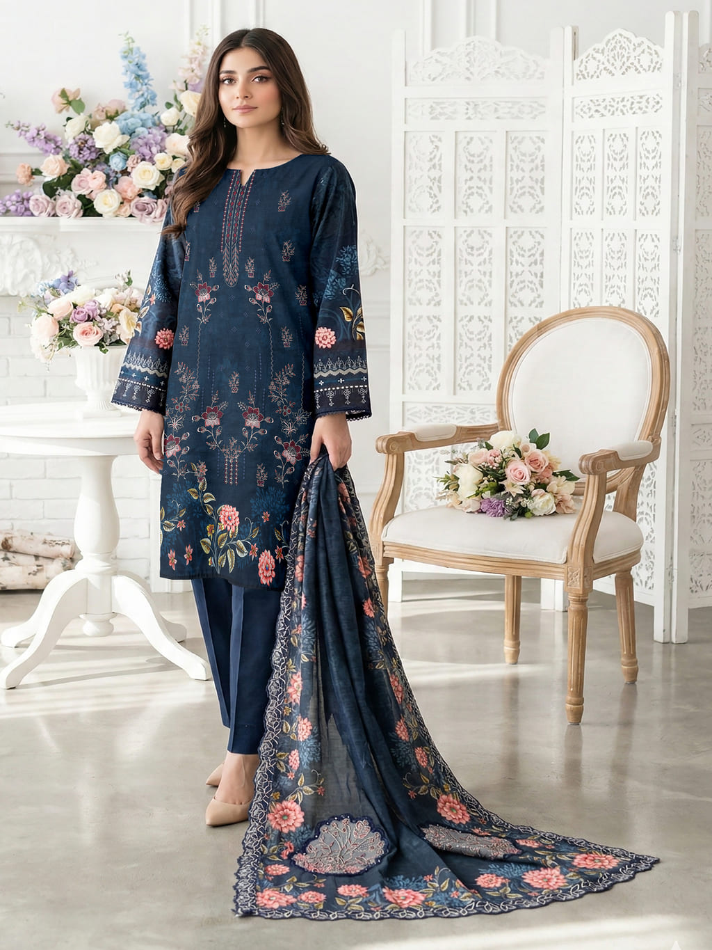 Unstitched Embroided Digital Print Lawn 3 Piece