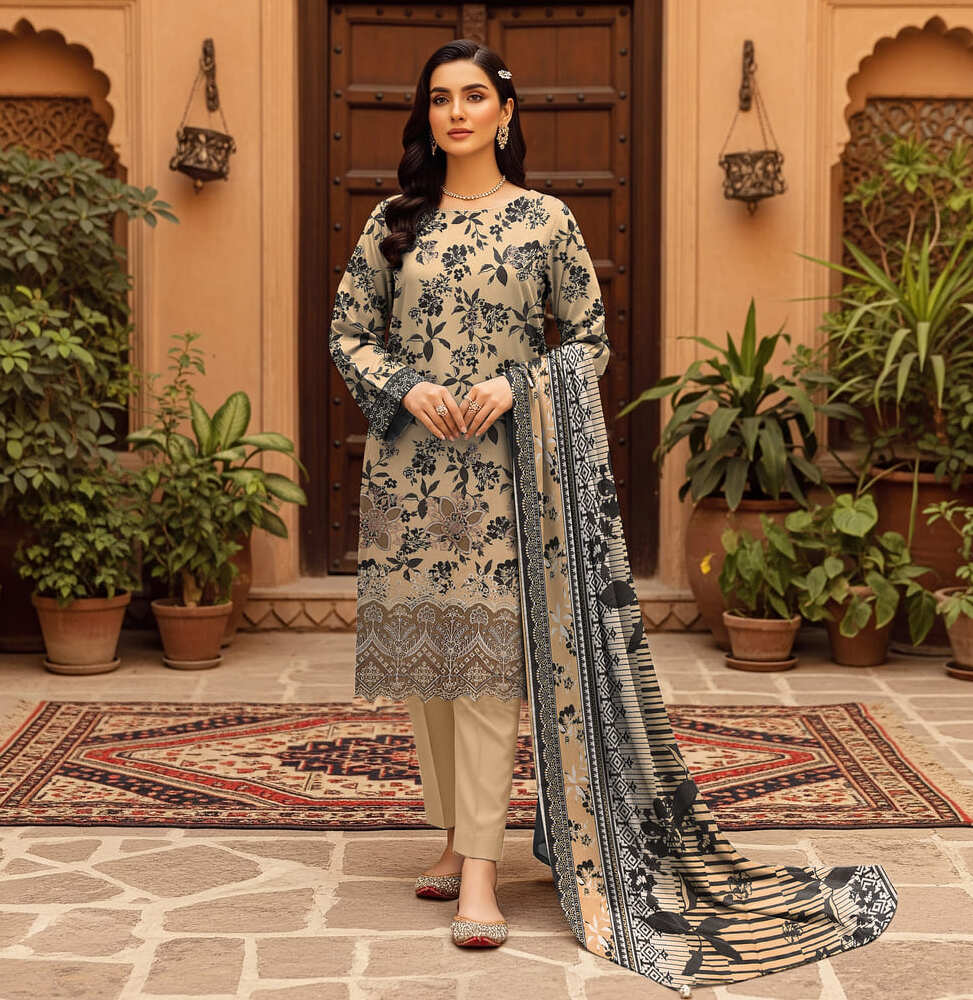 Unstitched Printed Karandi 3 Piece