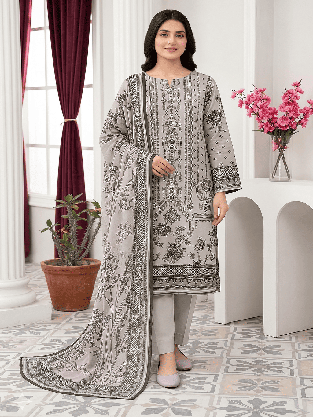Unstitched Digital Printed Lawn 3 Piece Suit