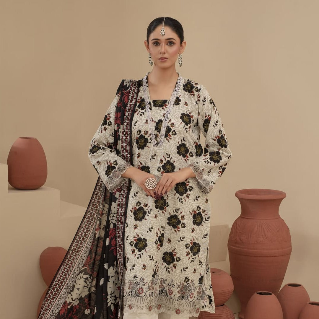 Unstitched Printed Khaddar with Embroidery Patches 3 Piece