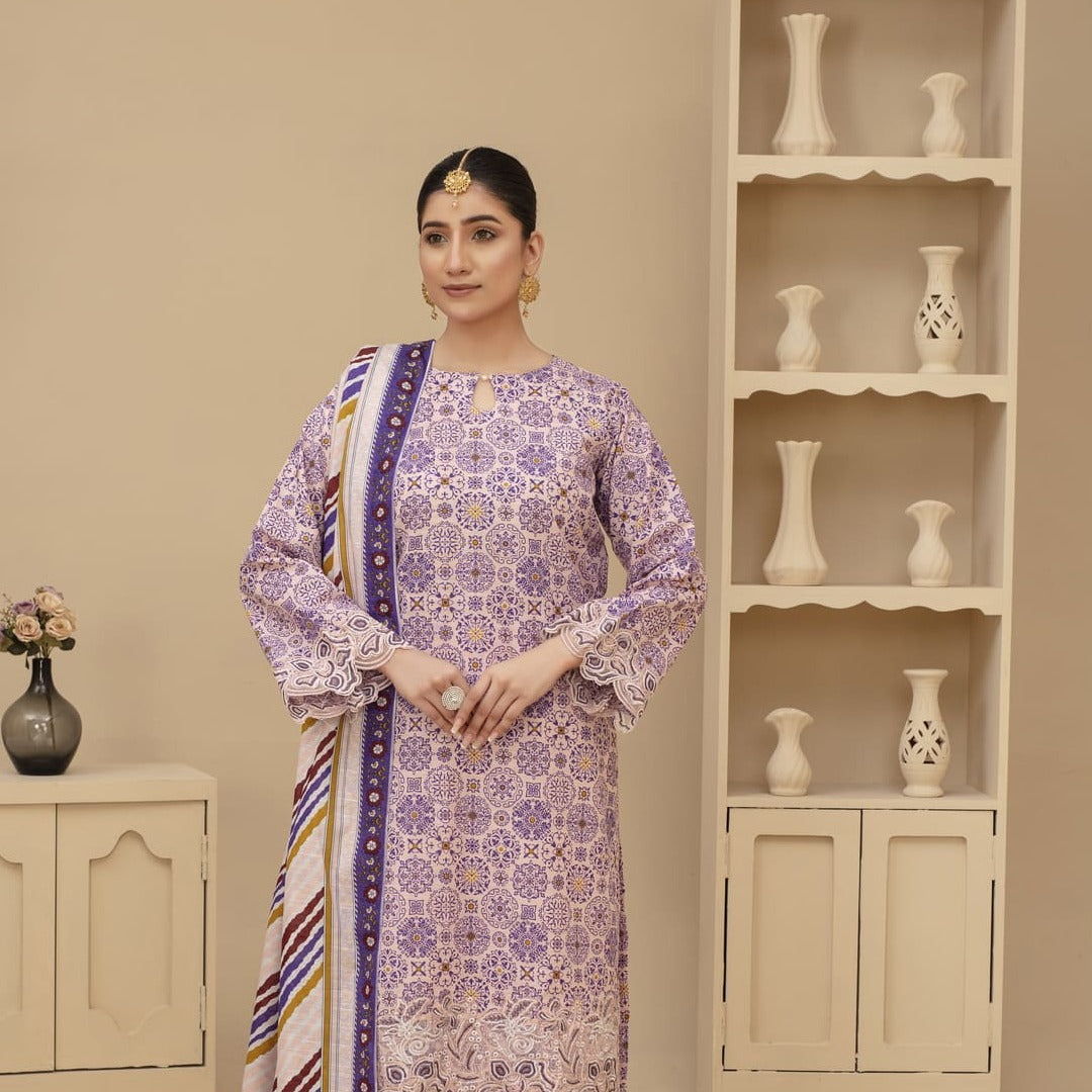 Unstitched Khaddar Print with Embroidery Patches 3 Piece