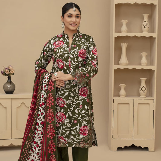 Unstitched Khaddar Print with Embroidery Patches 3 Piece