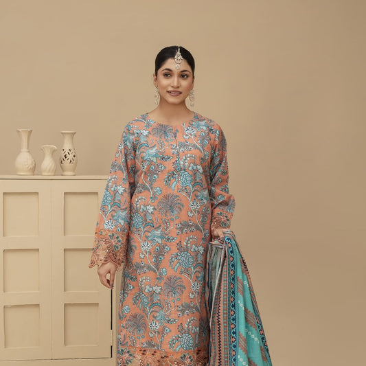 Unstitched Khaddar Print with Embroidery Patches 3 Piece