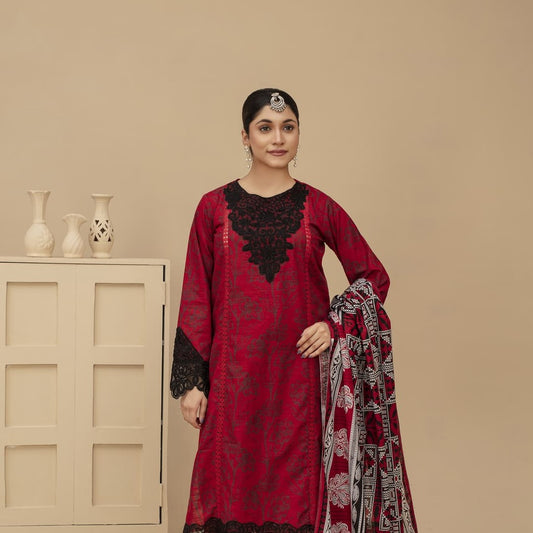 Unstitched Khaddar Print with Embroidery Patches 3 Piece