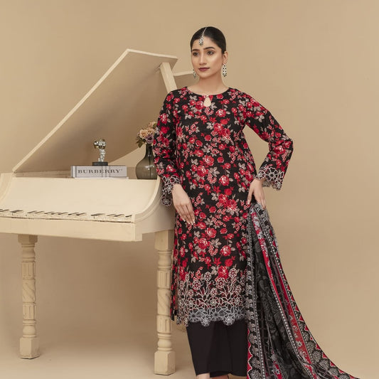 Unstitched Khaddar Printed with Embroidery Patches 3 Piece